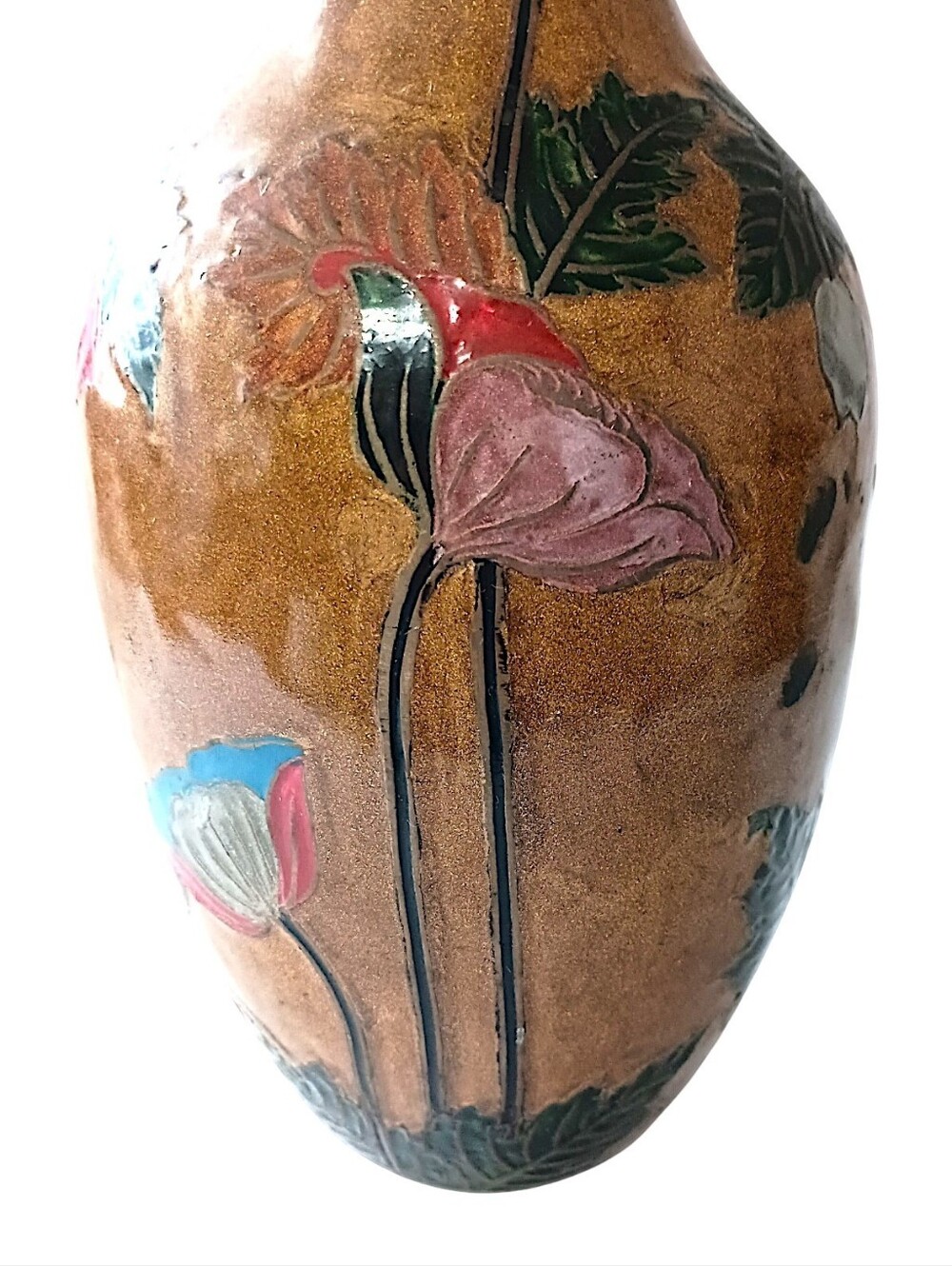 Vintage Enameled Brass Vase LARGE Cloisonne Champleve Ornate Etched Floral READ - Picture 6 of 16